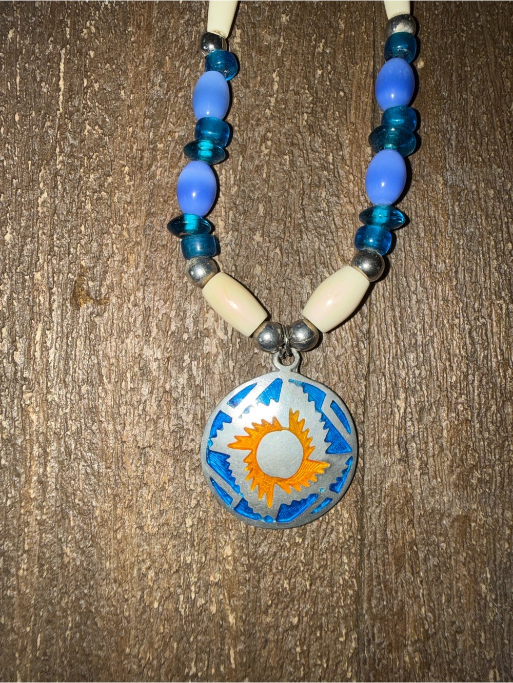 Handmade Blue and Cream Beaded Sun Pendant Necklace - Picture 2 of 3